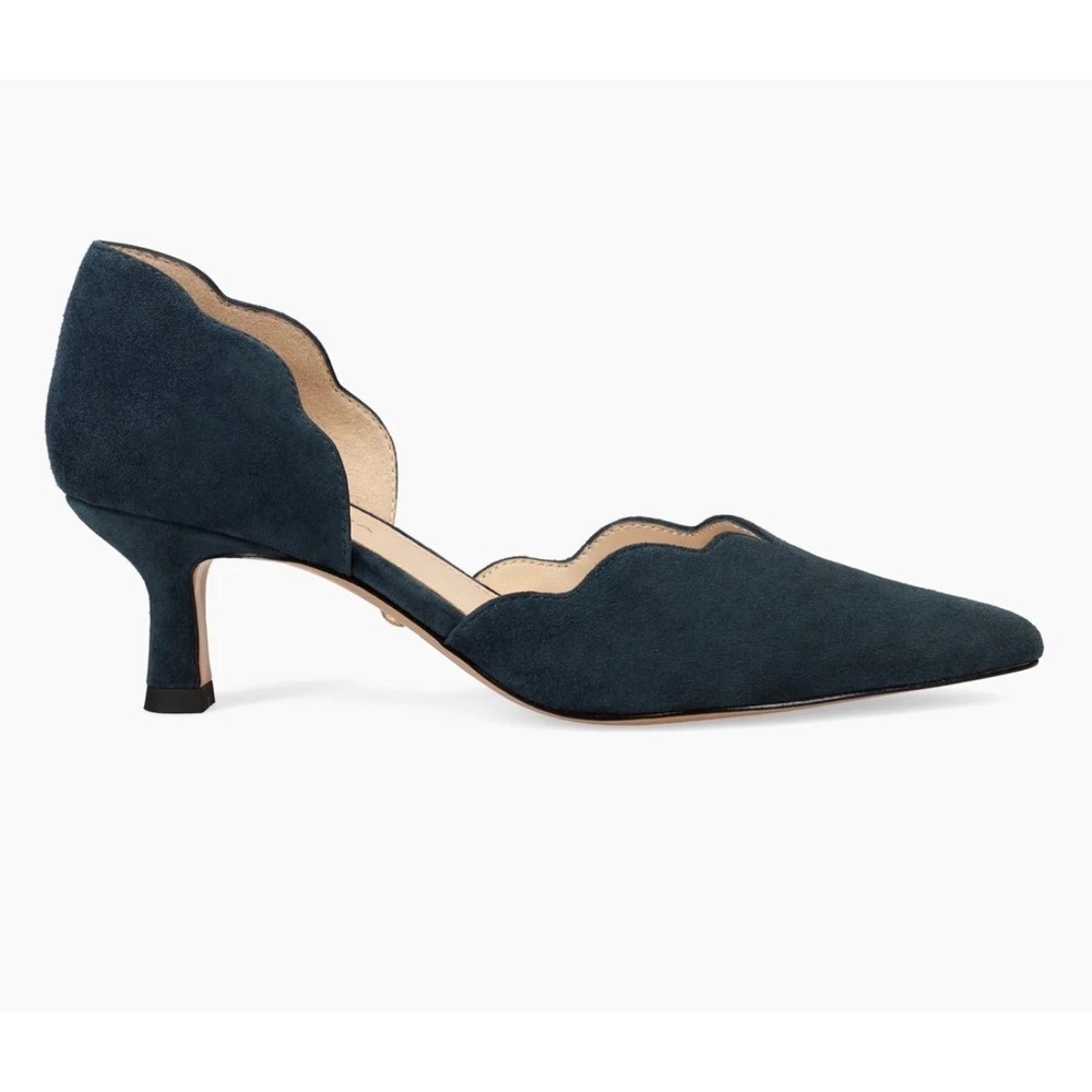 Pelle Moda Keala Navy Blue Suede Scalloped dOrsay Kitten Heel Pumps Size 8M New